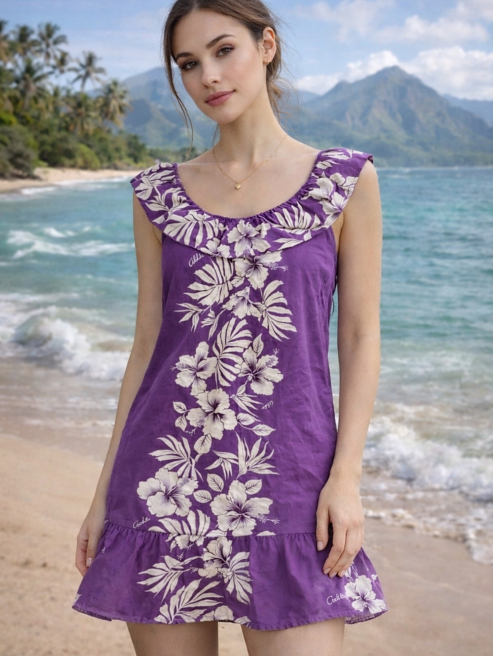 Hawaiian Floral Dress Purple Hibiscus Ruffle Neck Mini Resort Aloha Dress